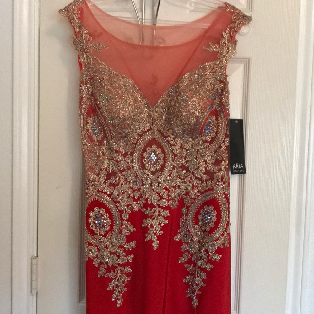 Red couture gown, prom dress with gold embroidery